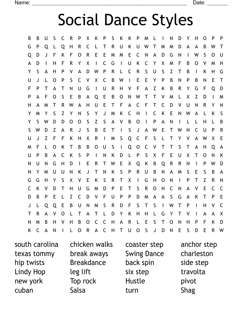 Social Dance Styles Word Search