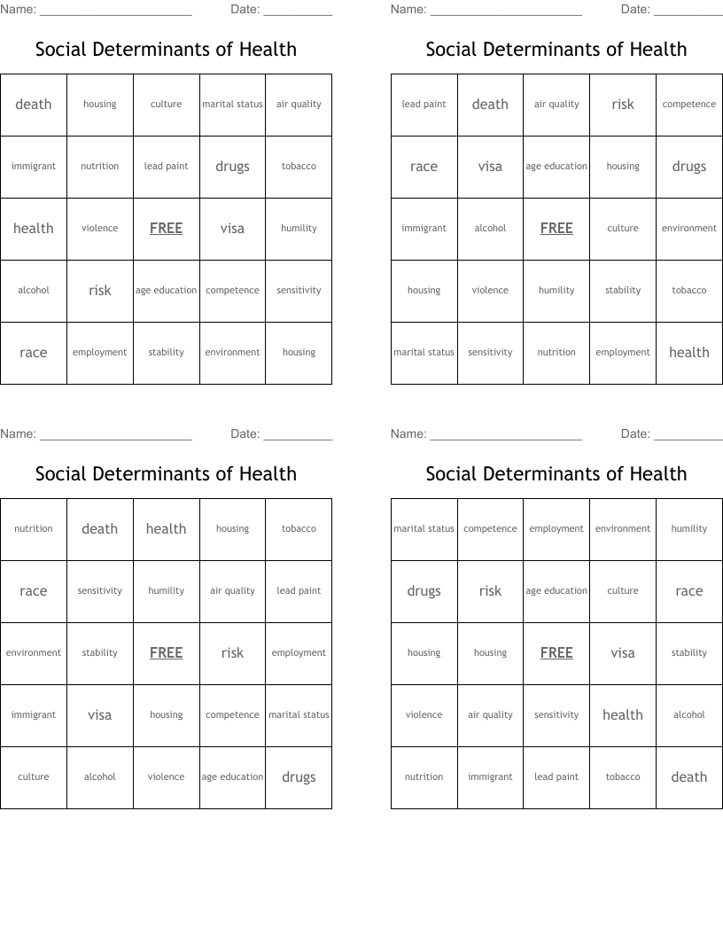 Social Determinants of Health Bingo Cards