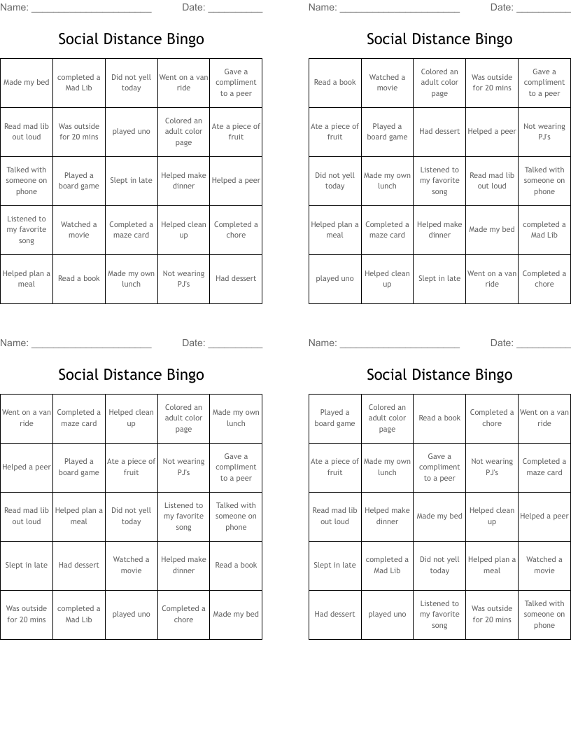 Social Distance Bingo