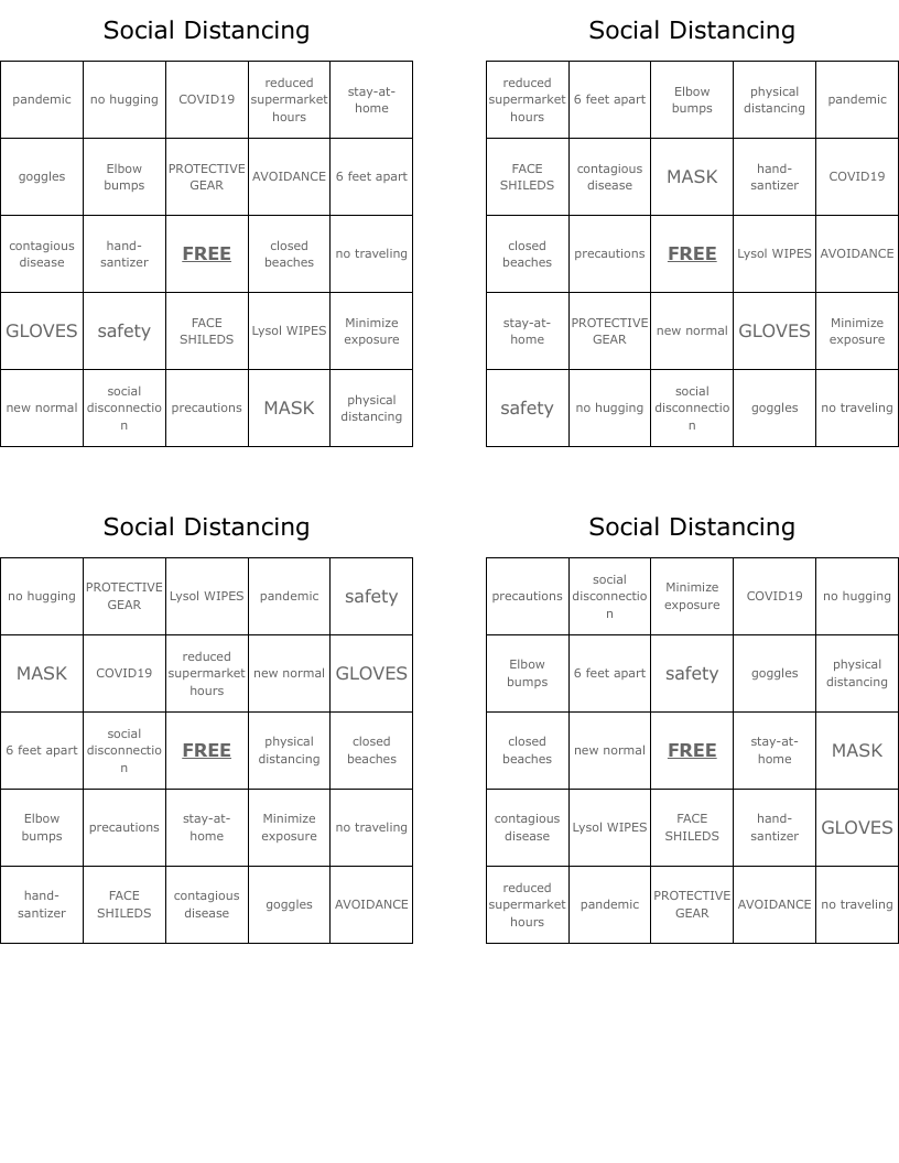 Social Distancing Bingo Cards