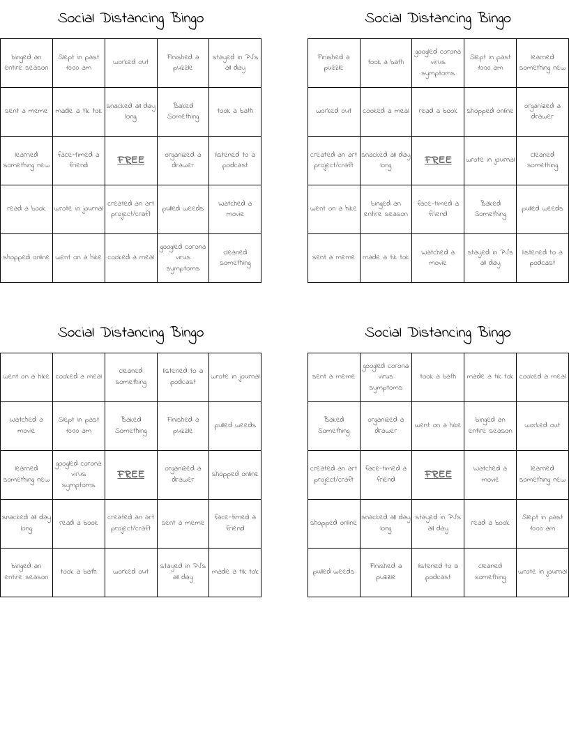 Social Distancing Bingo