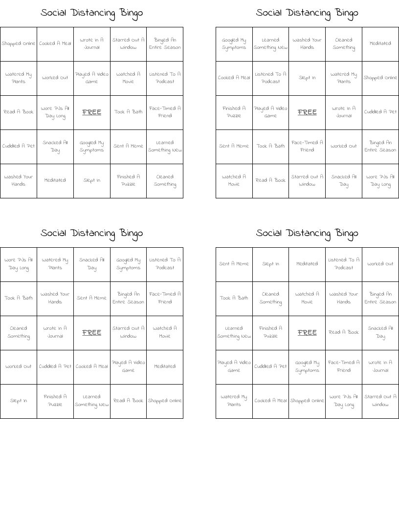 Social Distancing Bingo 