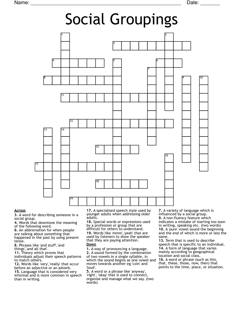 Social Groupings   Crossword