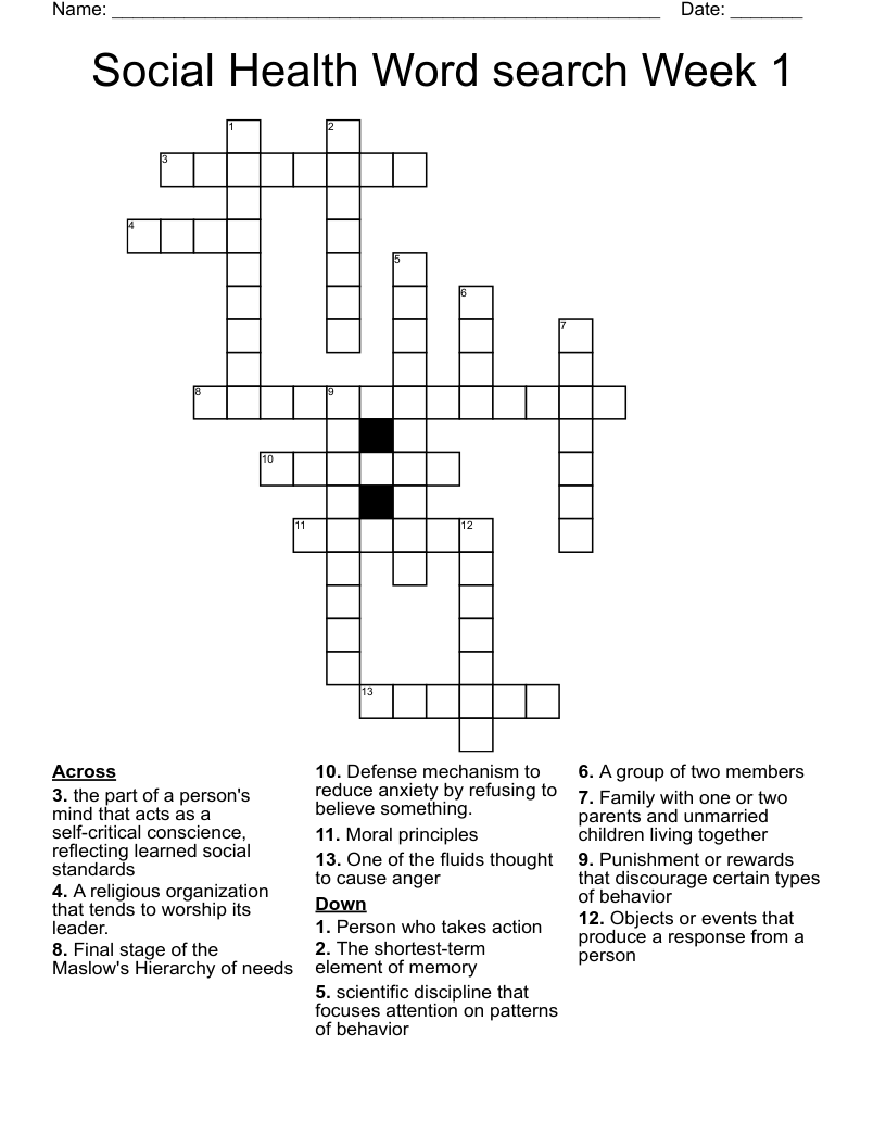 Social Health Word search Week 1 Crossword