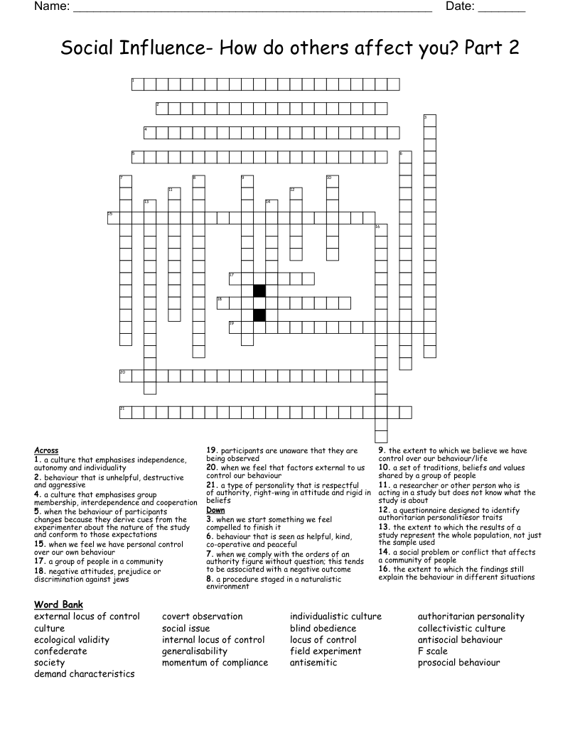 Social Influence- How do others affect you? Part 2 Crossword