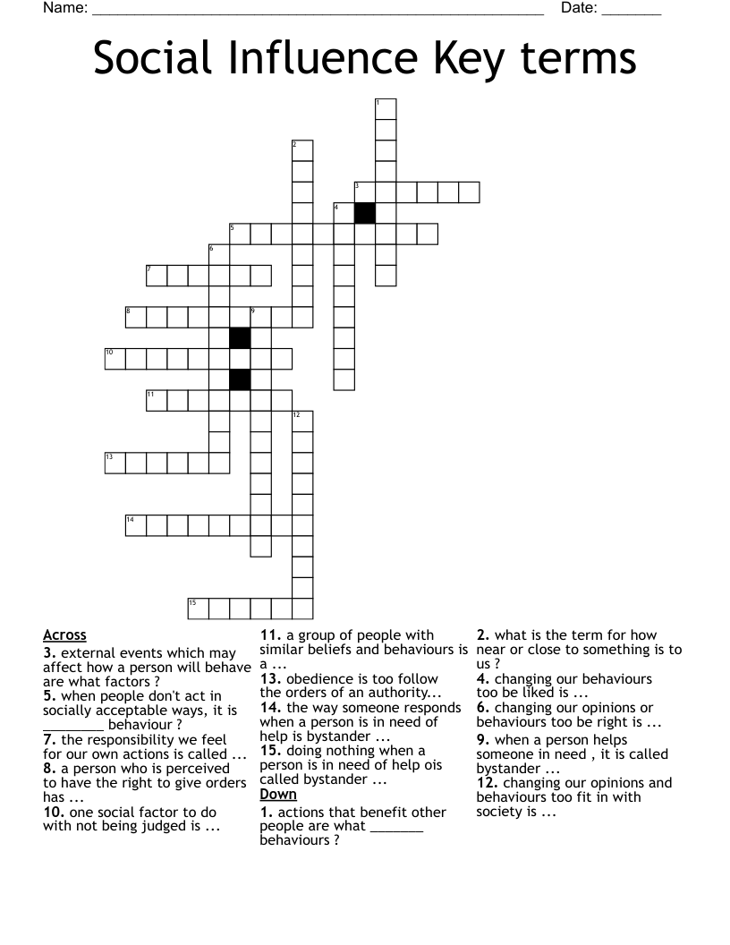 Social Influence Key terms  Crossword