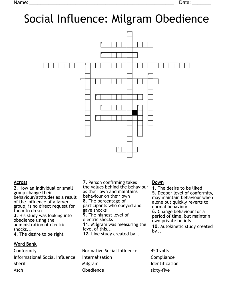 Social Influence: Milgram Obedience Crossword