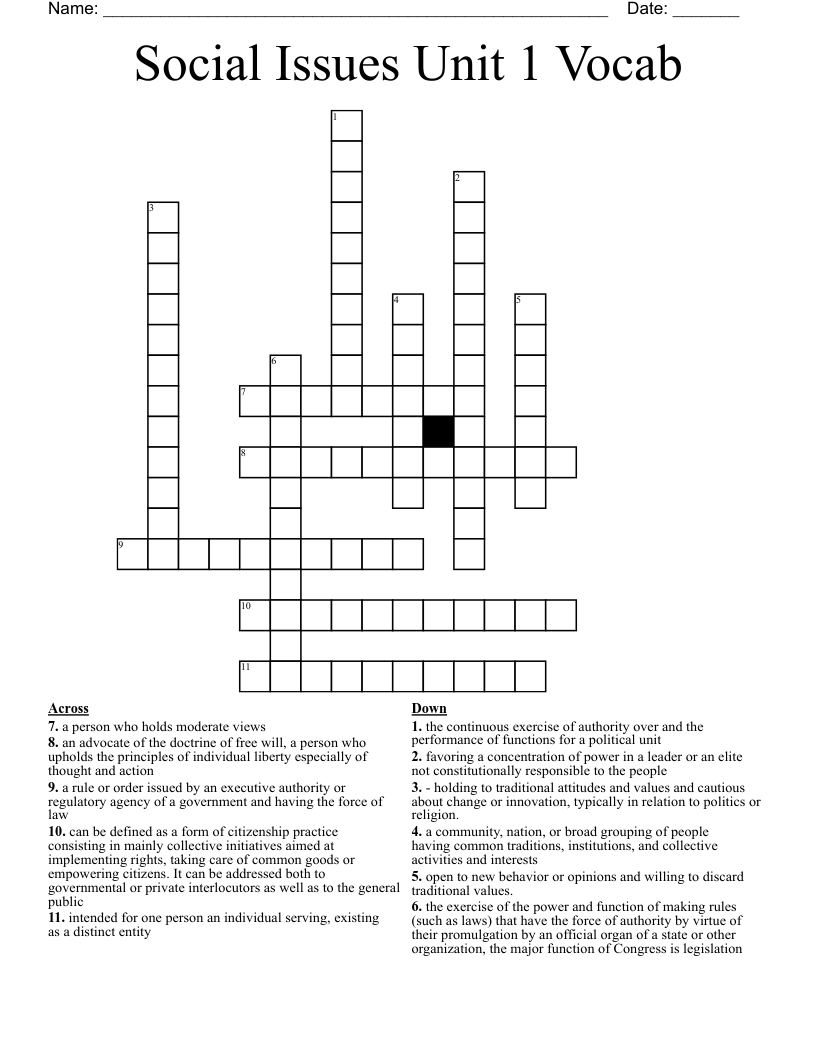 Social Issues Unit 1 Vocab Crossword