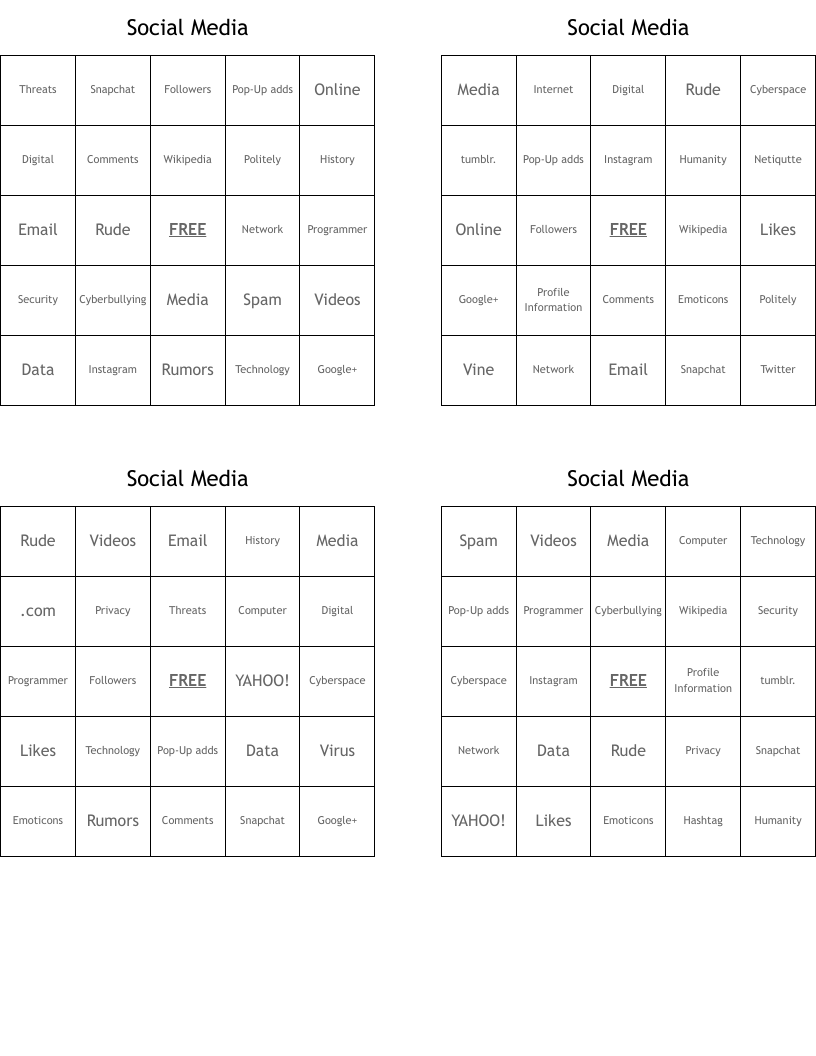 Social Media Bingo Cards