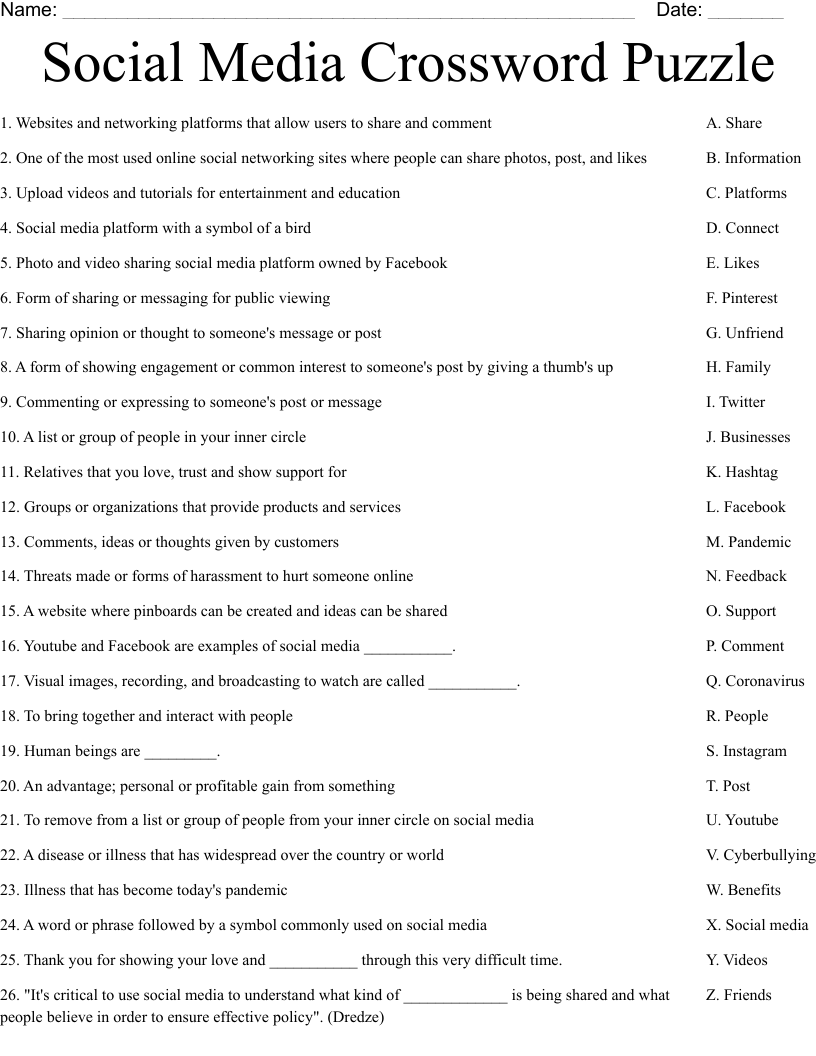 Social Media Crossword Puzzle Worksheet