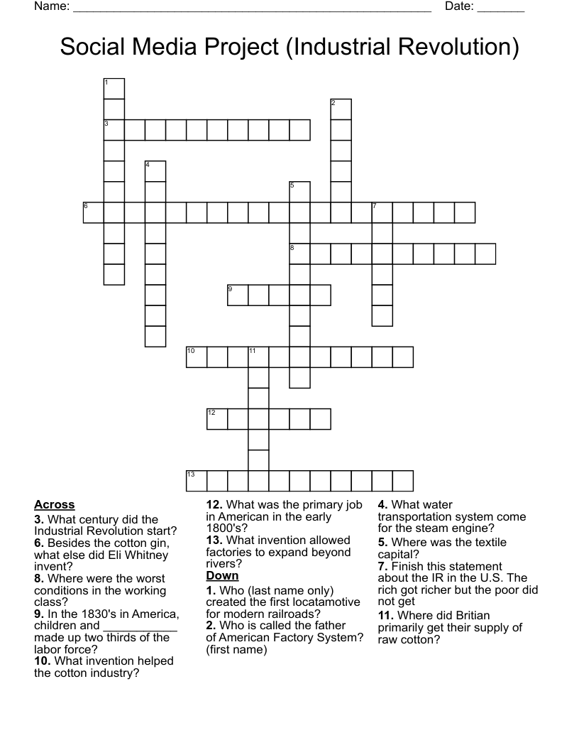 Social Media Project (Industrial Revolution) Crossword