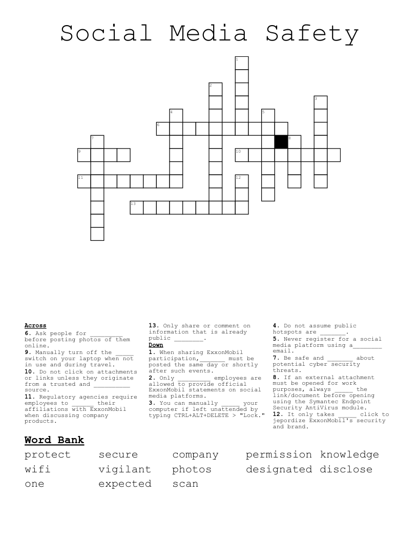 Social Media Safety Crossword