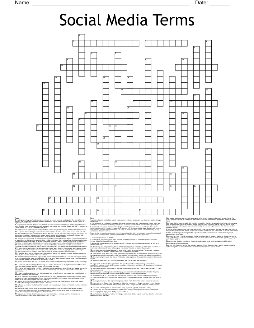 Social Media Terms Crossword
