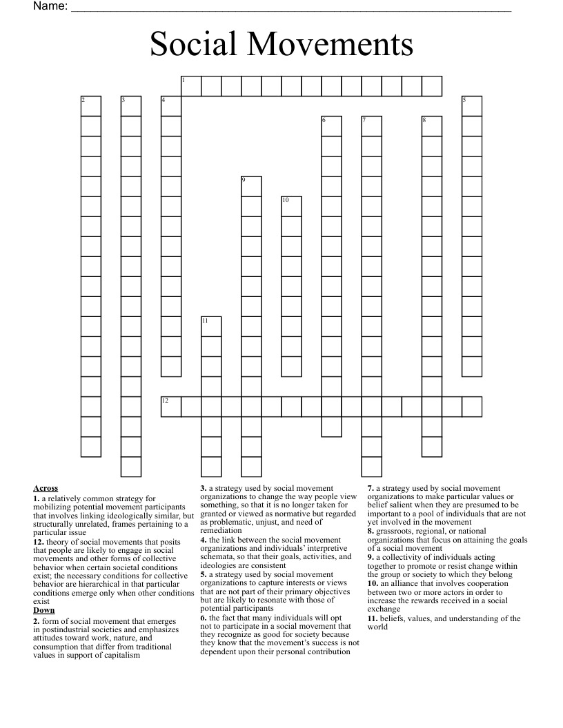 Social Movements Crossword