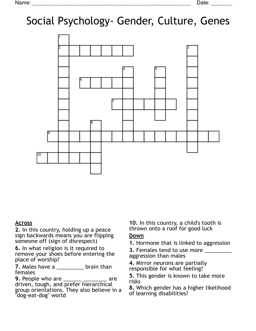 Social Psychology- Gender, Culture, Genes Crossword