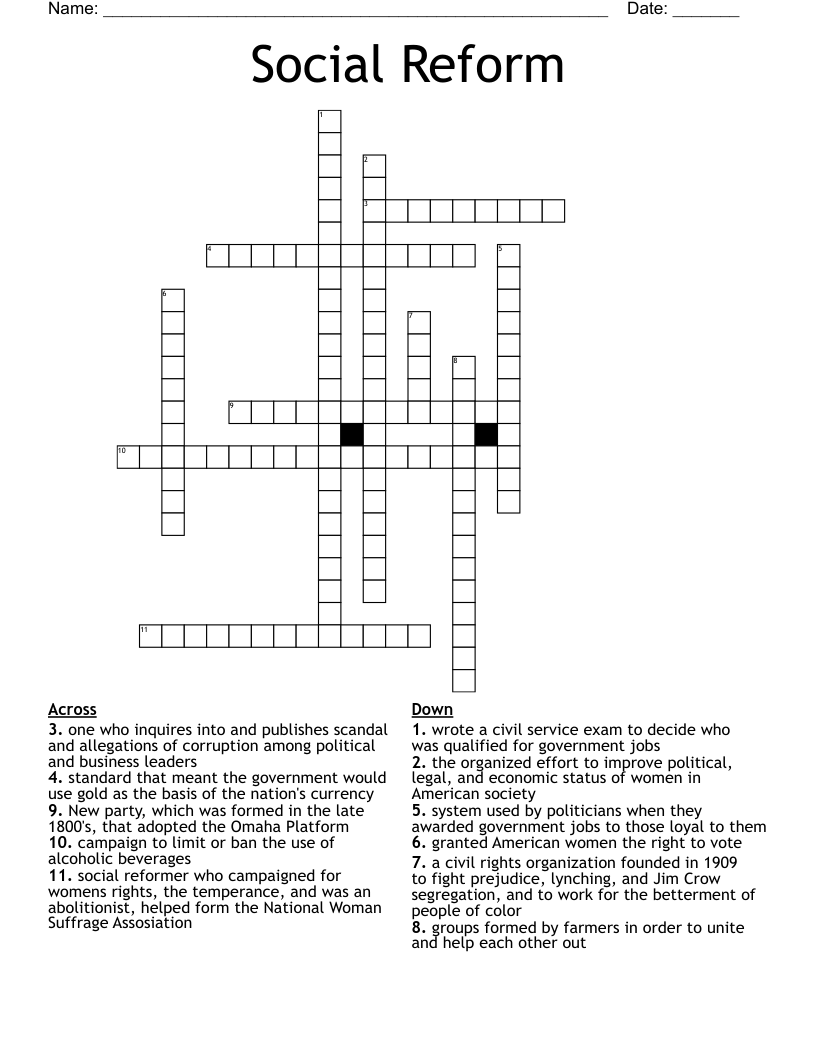 Social Reform Crossword