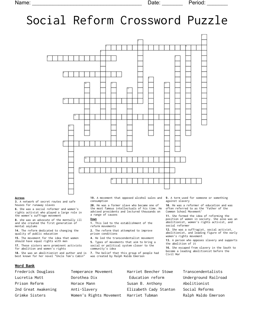 Social Reform Crossword Puzzle