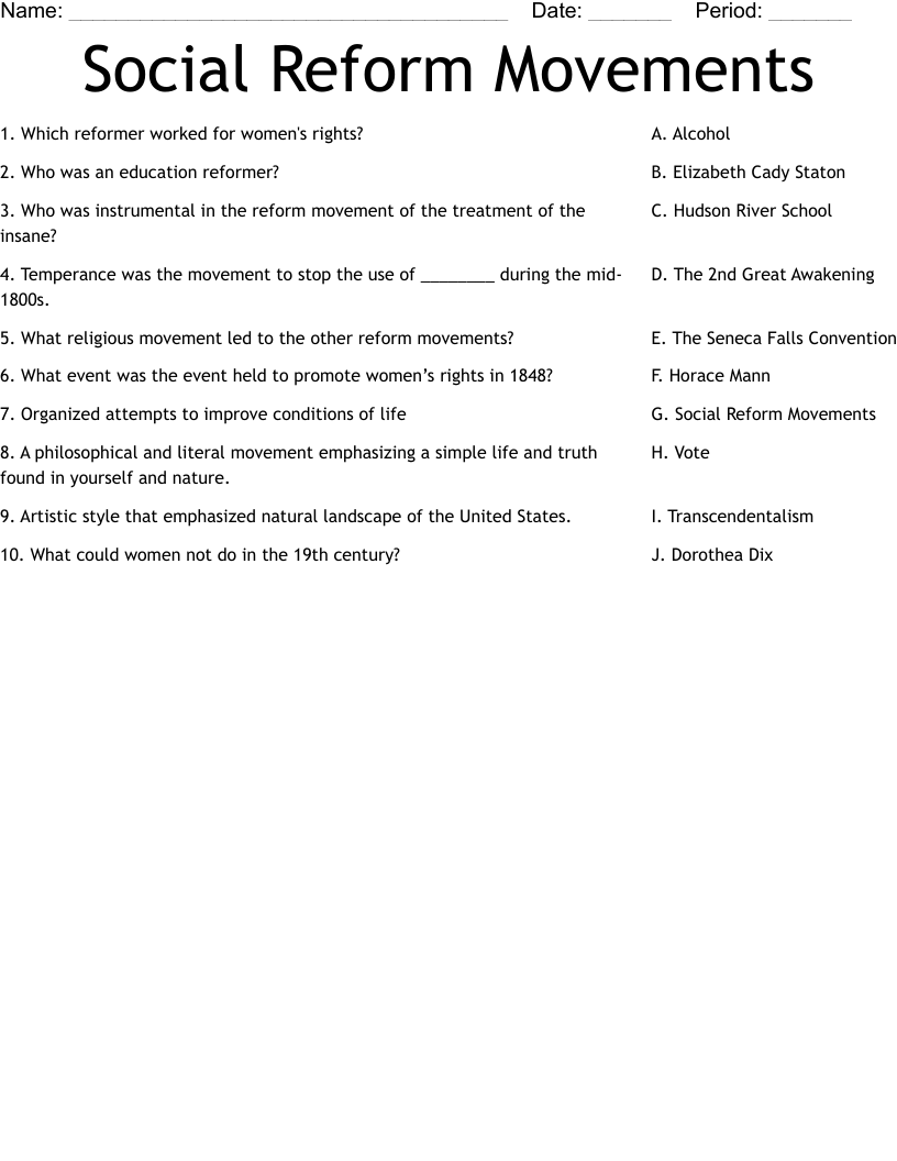 Social Reform Movements  Worksheet