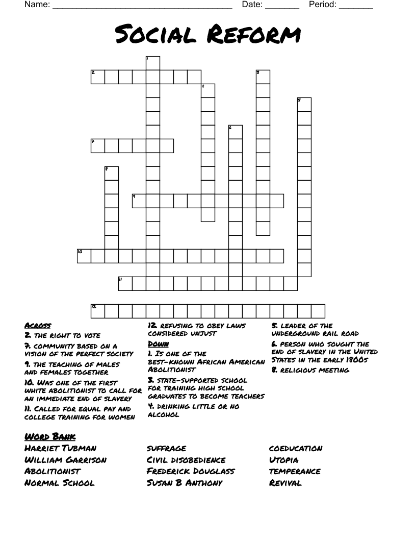Social Reform  Crossword