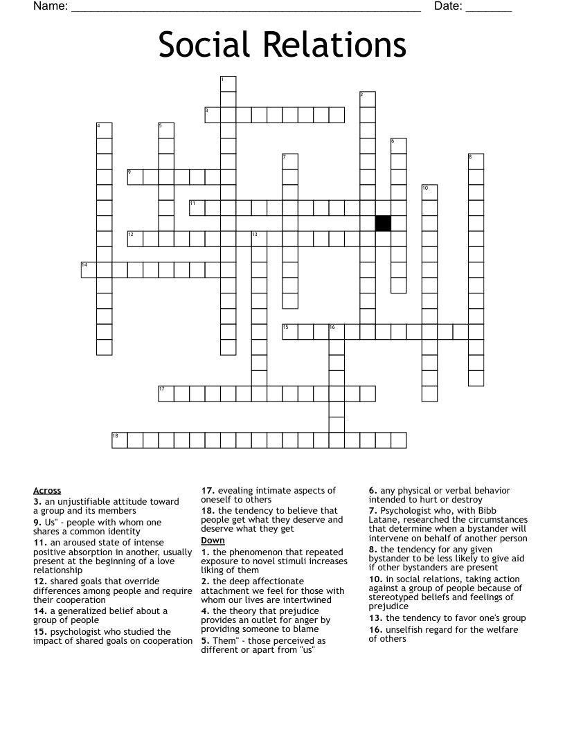 Social Relations Crossword