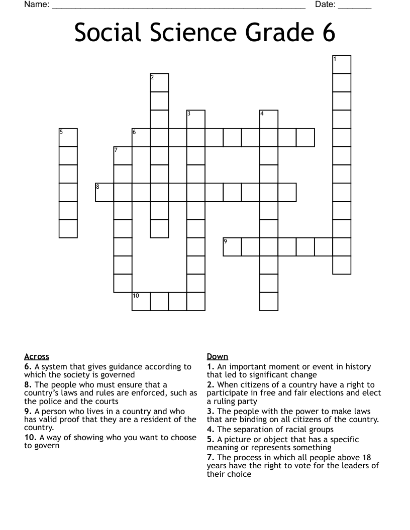 Social Science Grade 6  Crossword