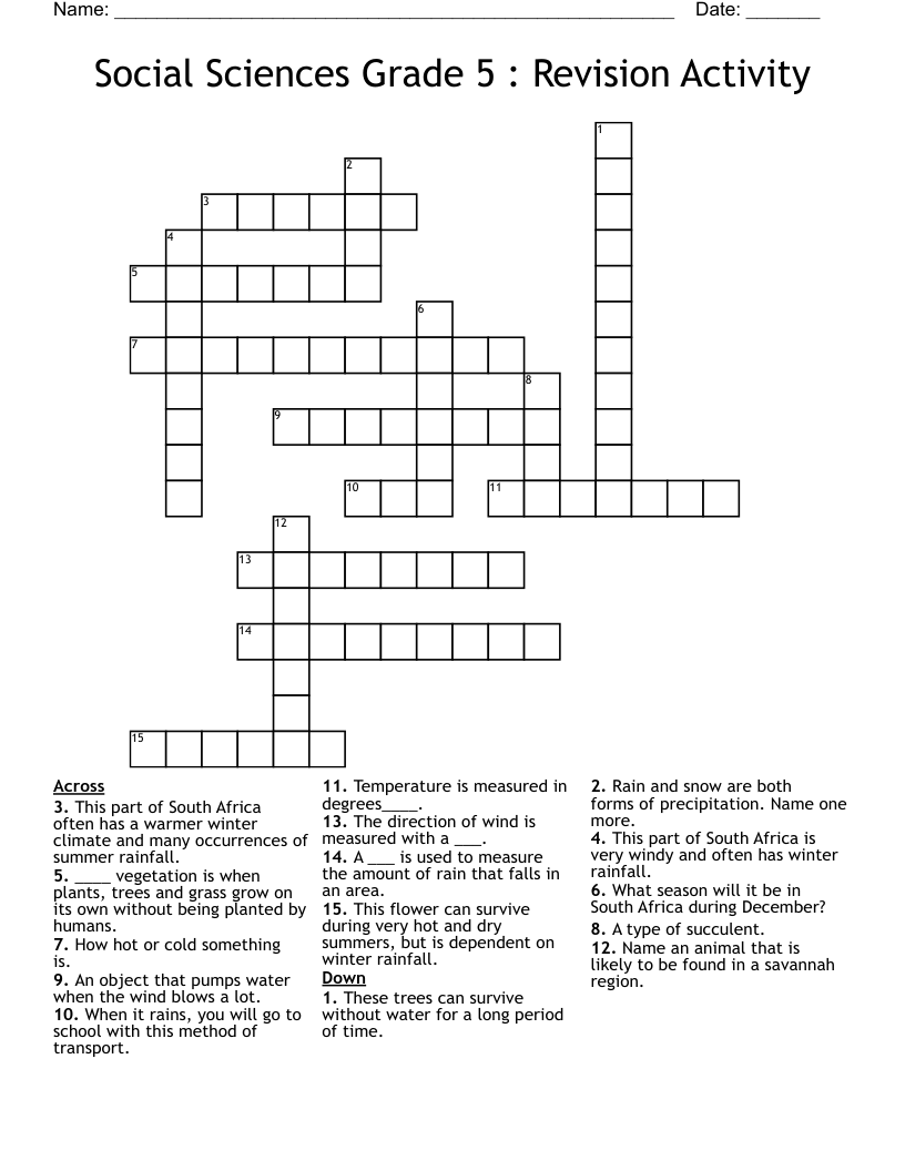 Social Sciences Grade 5 : Revision Activity Crossword
