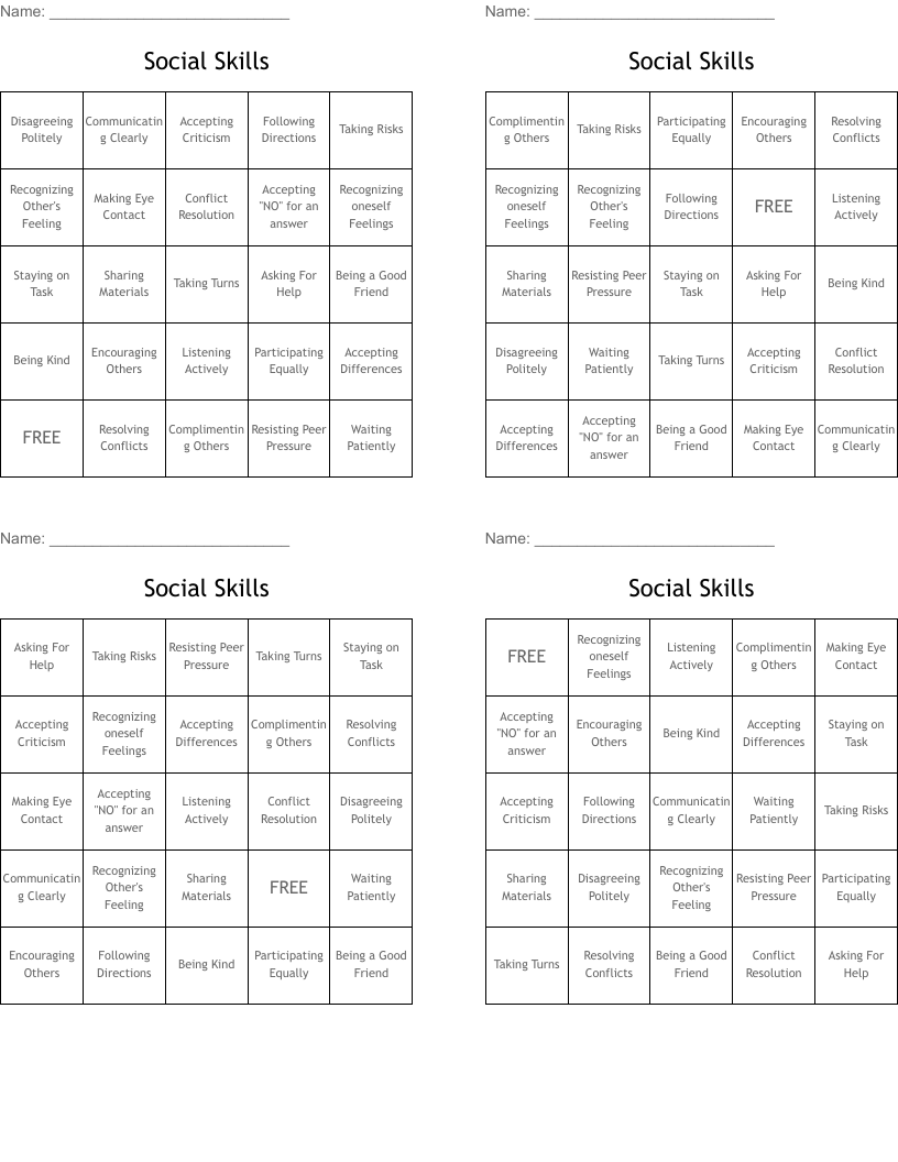 Social Skills Bingo Cards