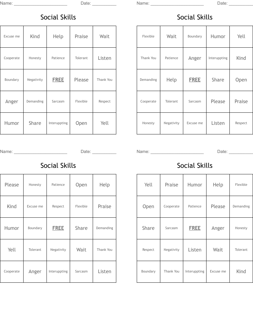Social Skills Bingo Cards