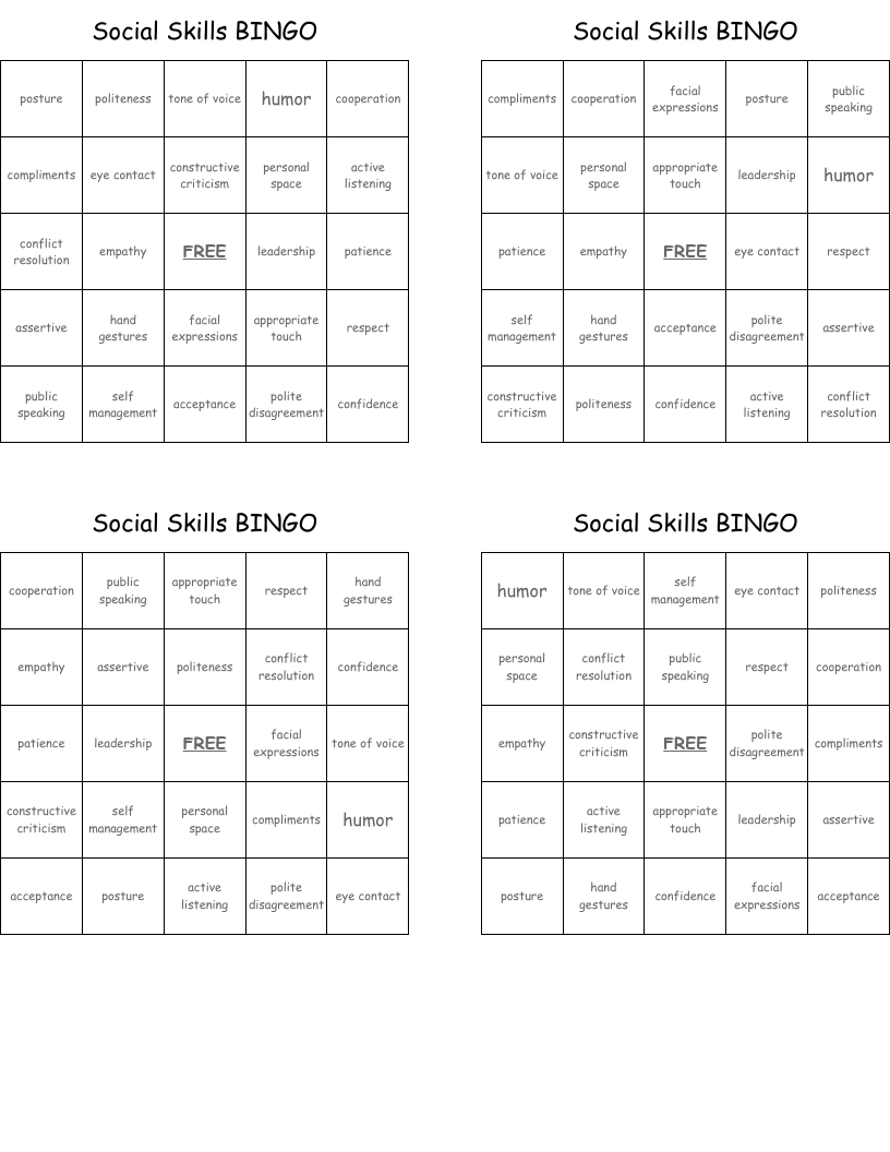 Social Skills BINGO