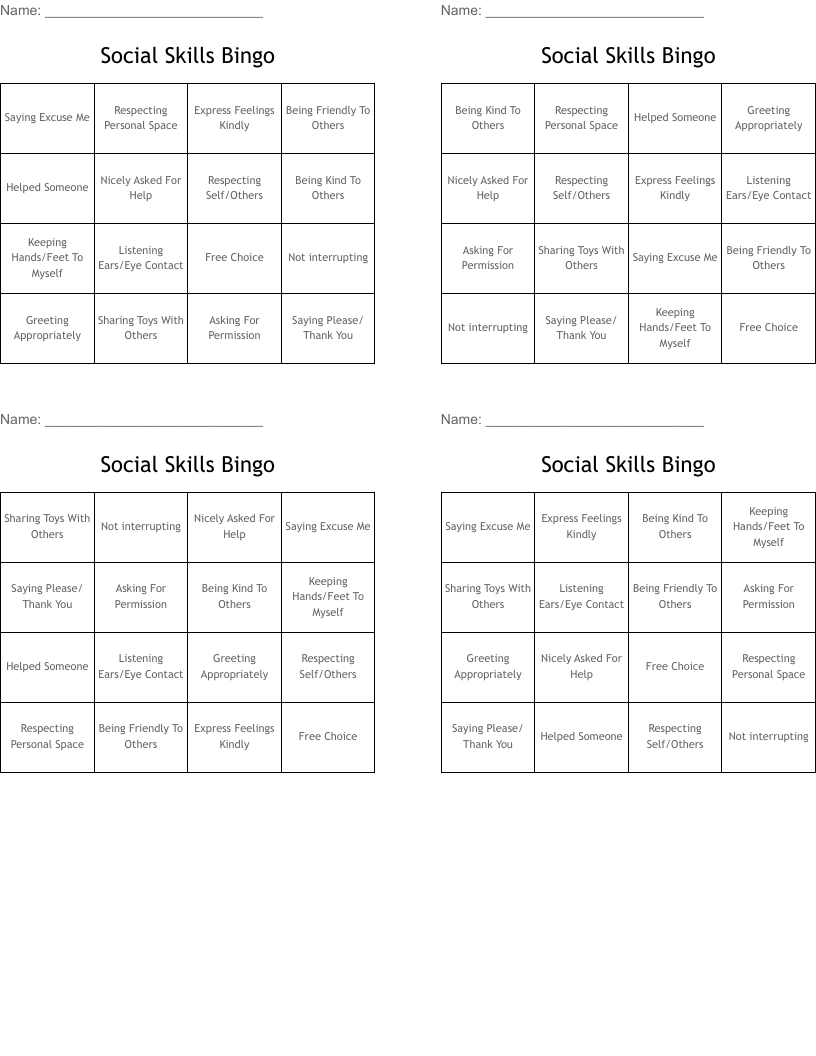 Social Skills Bingo