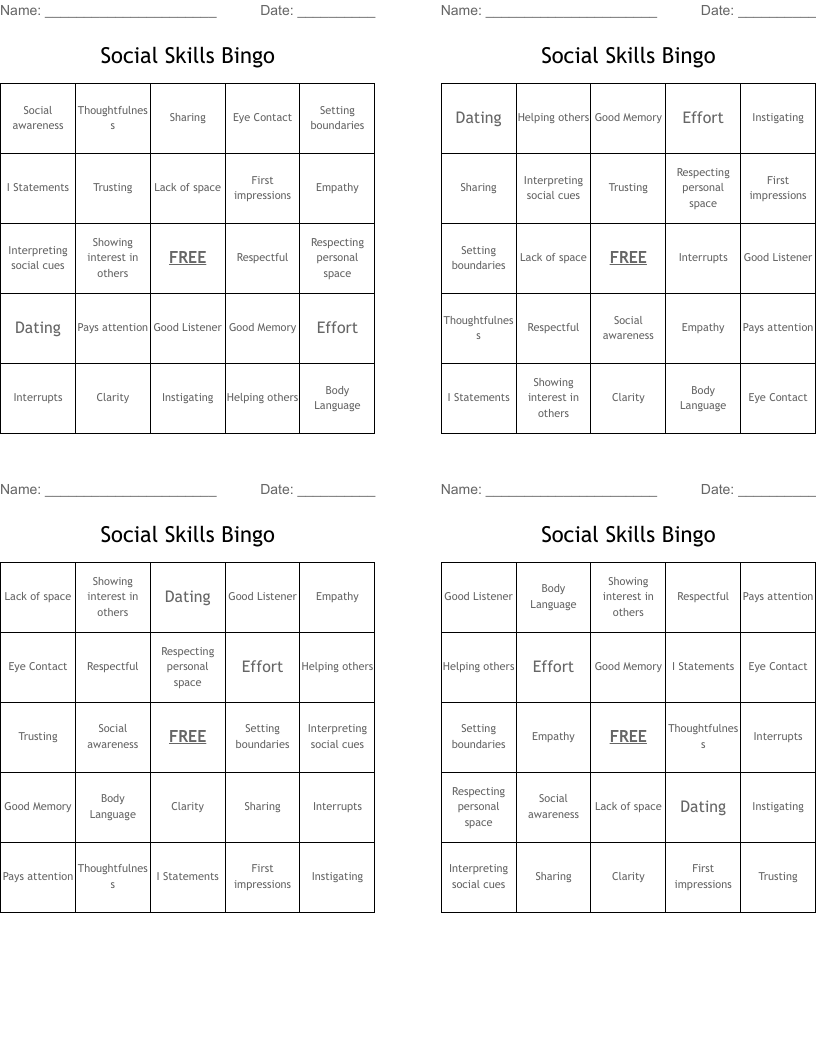 Social Skills Bingo