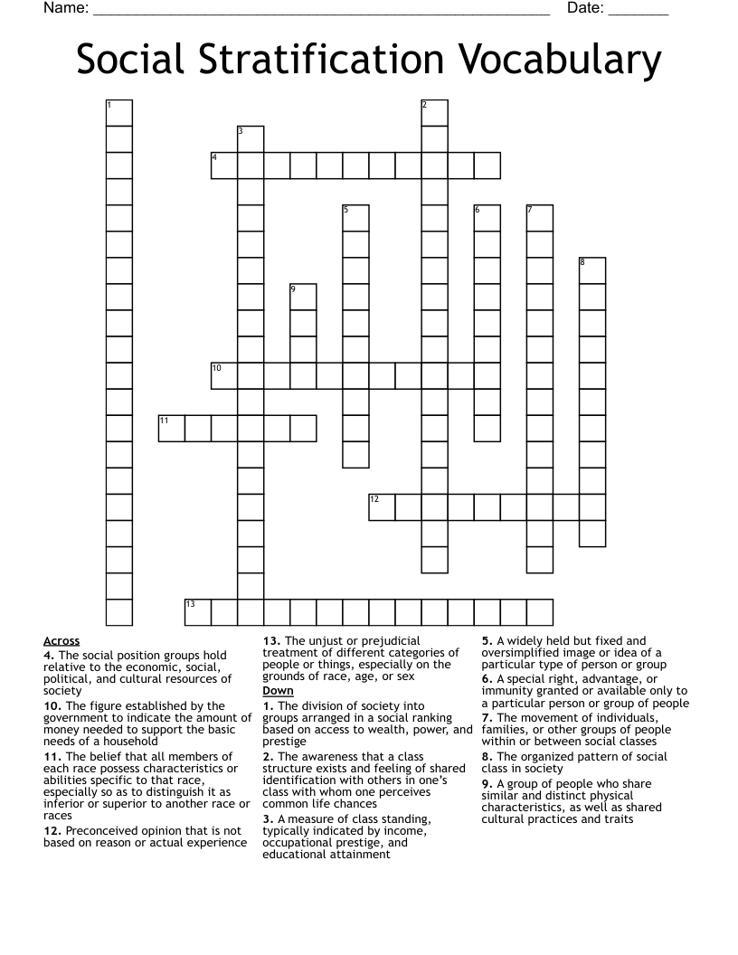 Social Stratification Vocabulary Crossword