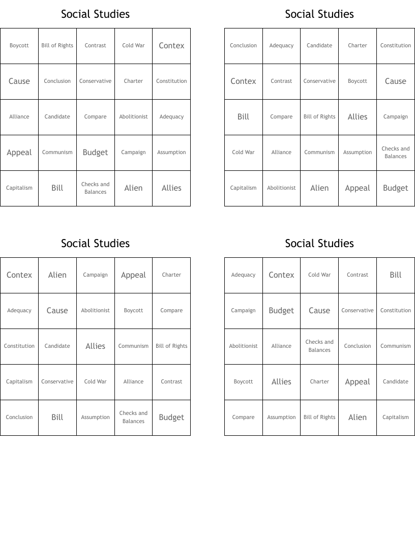 Social Studies Bingo Cards