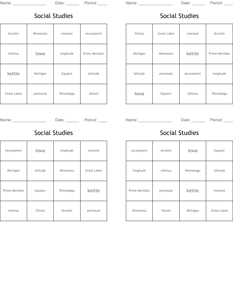 Social Studies Bingo Cards