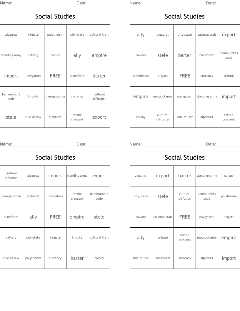 Social Studies Bingo Cards
