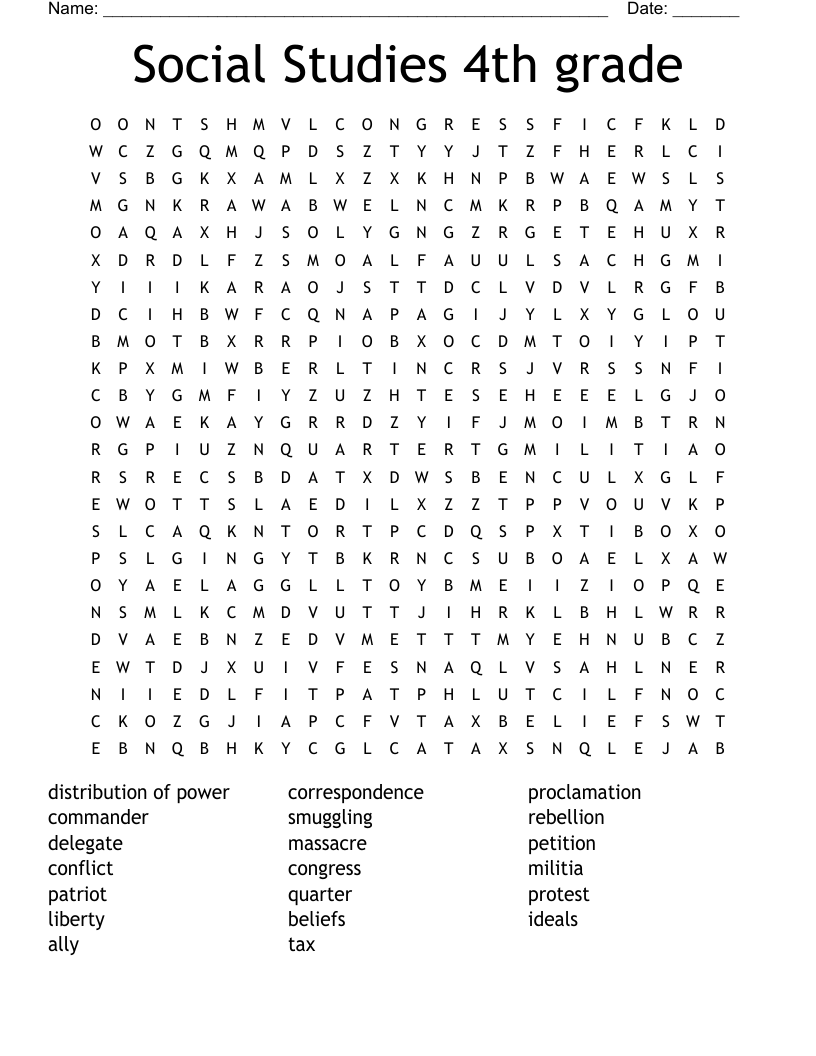 Social Studies 4th grade Word Search