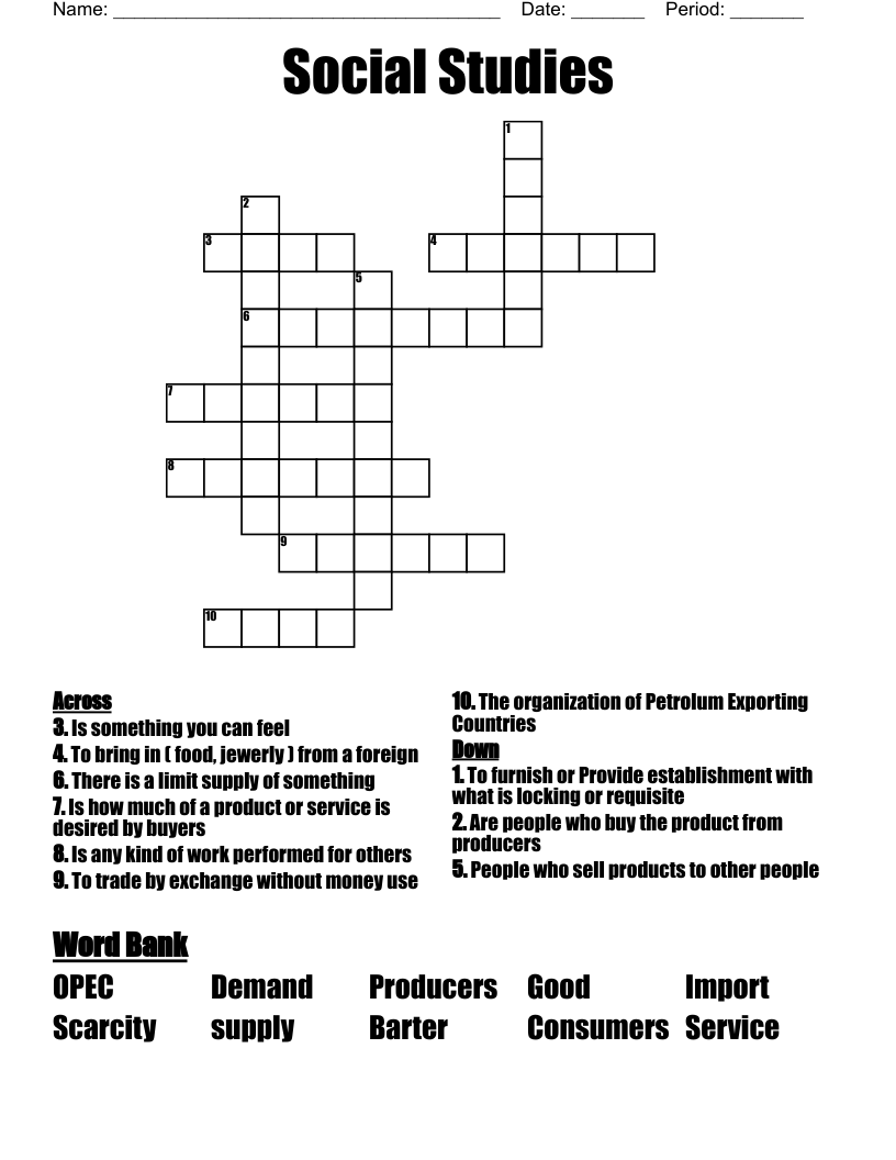 Social Studies Crossword