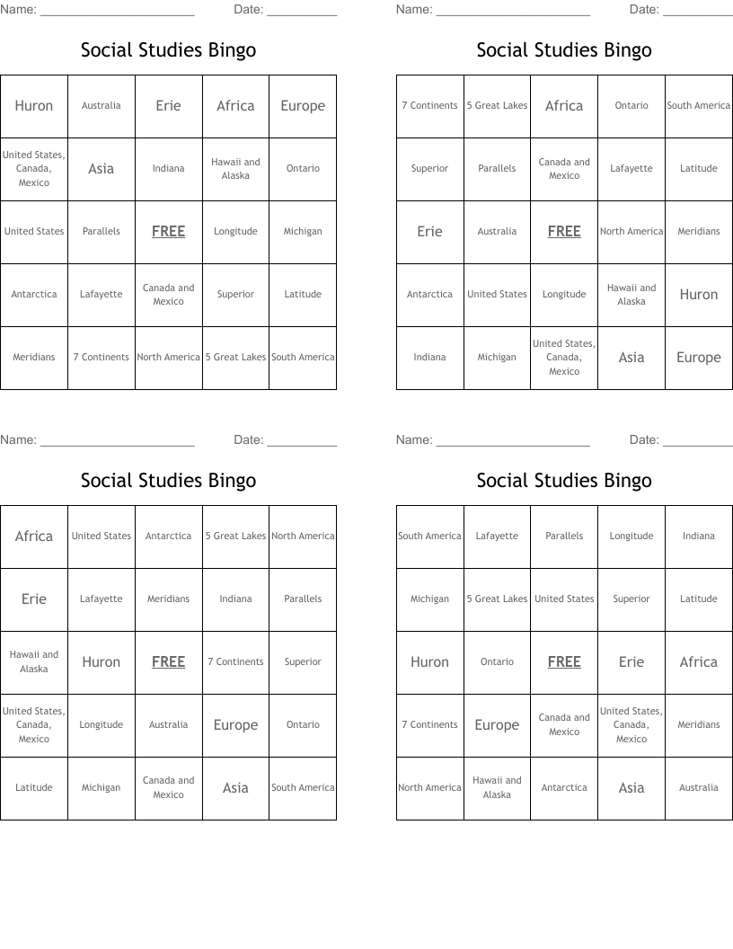 Social Studies Bingo