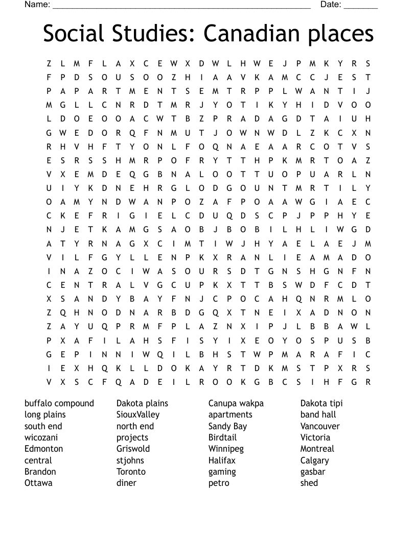 Social Studies: Canadian places Word Search