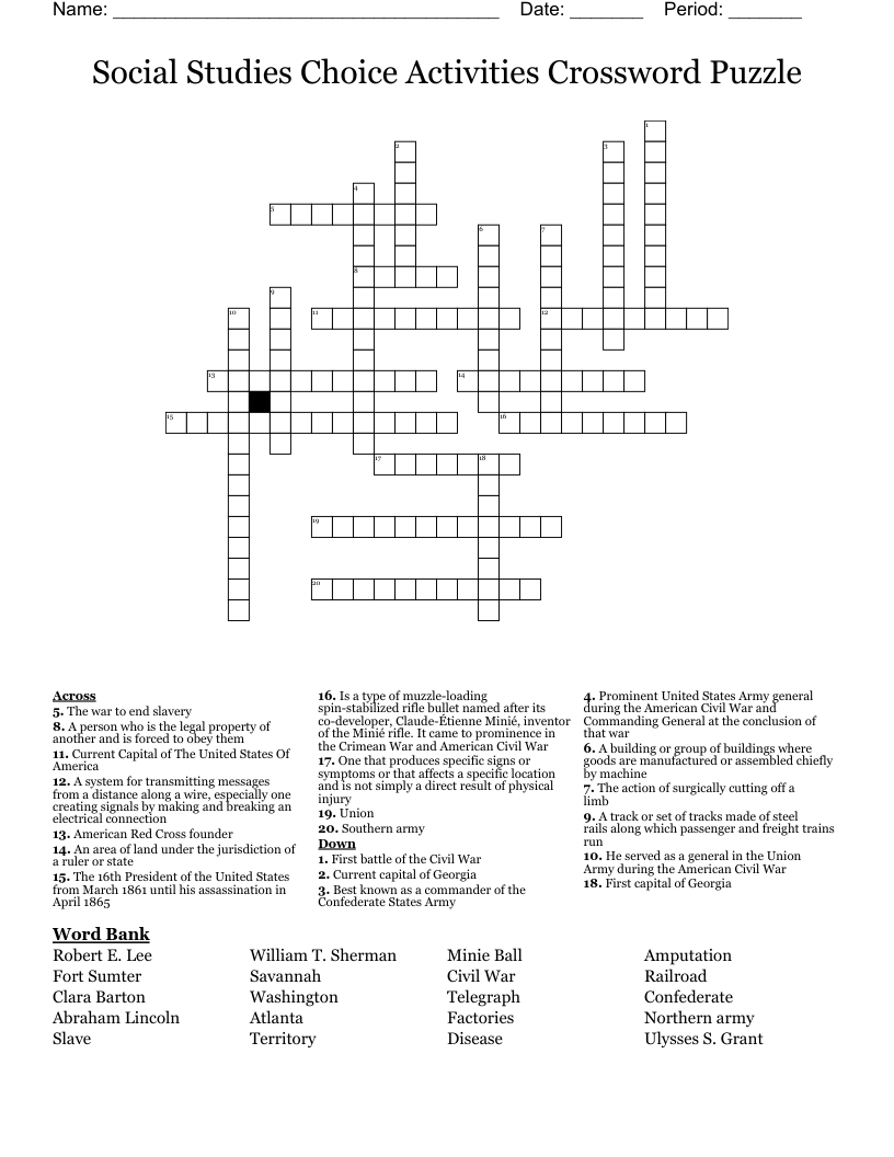 Social Studies Choice Activities Crossword Puzzle
