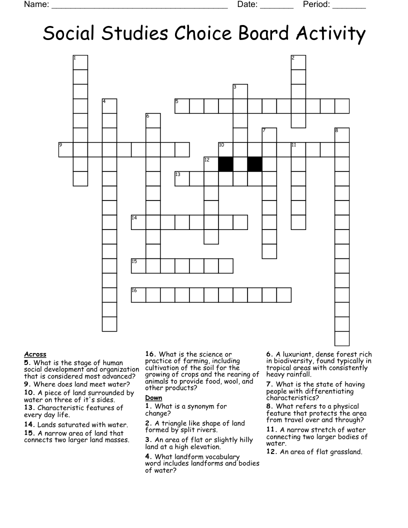 Social Studies Choice Board Activity Crossword