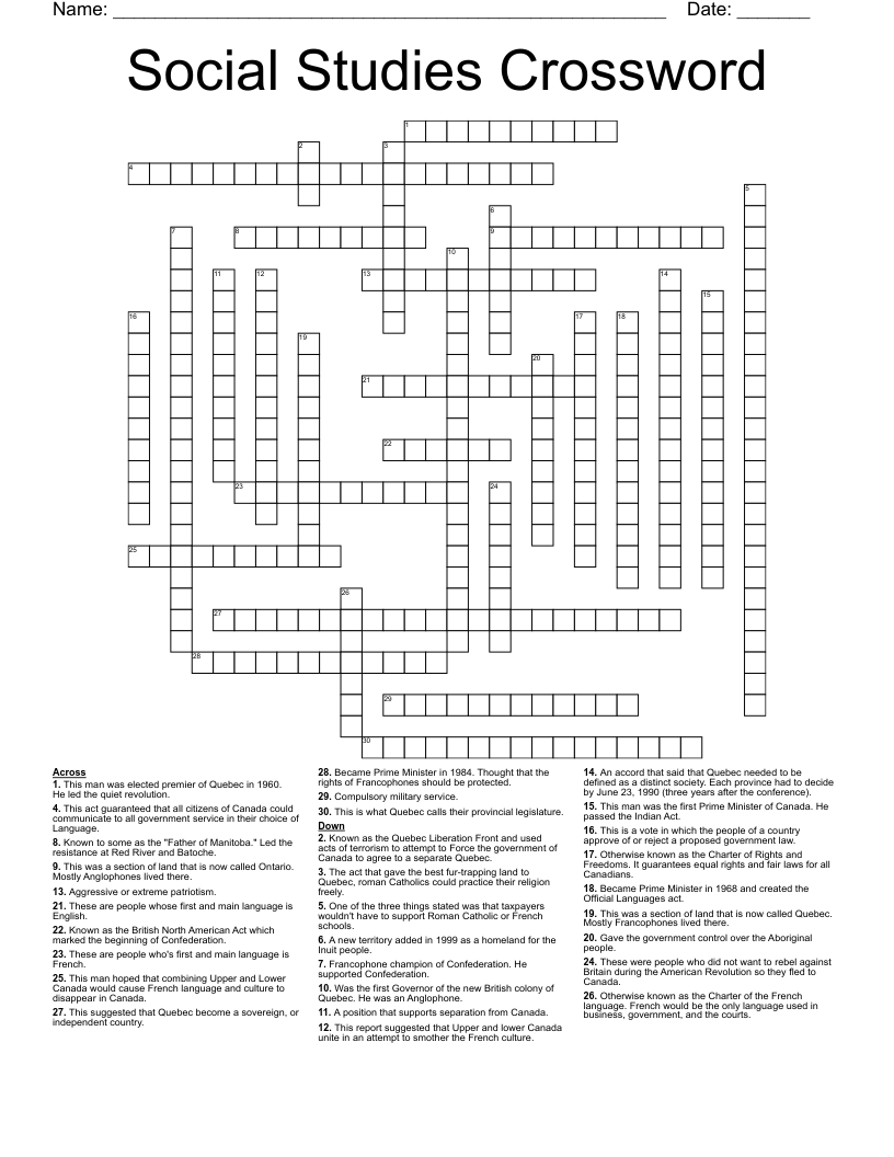 Social Studies Crossword