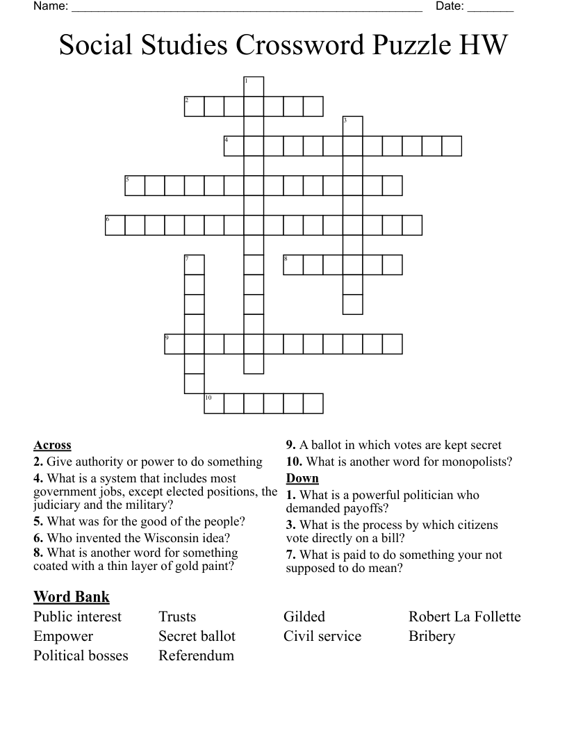 Social Studies Crossword Puzzle HW