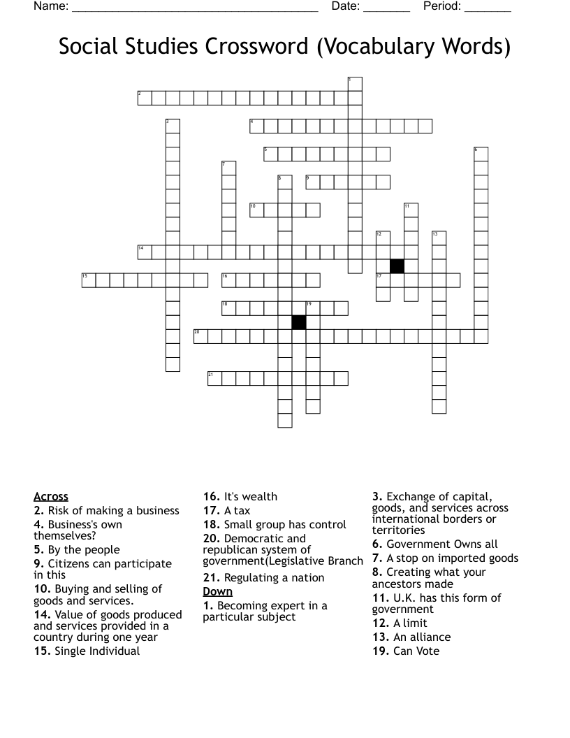 Social Studies Crossword (Vocabulary Words)