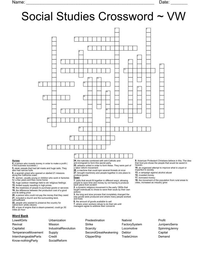 Social Studies Crossword ~ VW