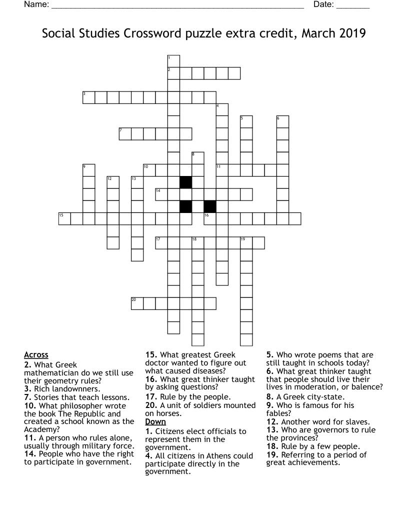 Social Studies Crossword puzzle extra credit, March 2019