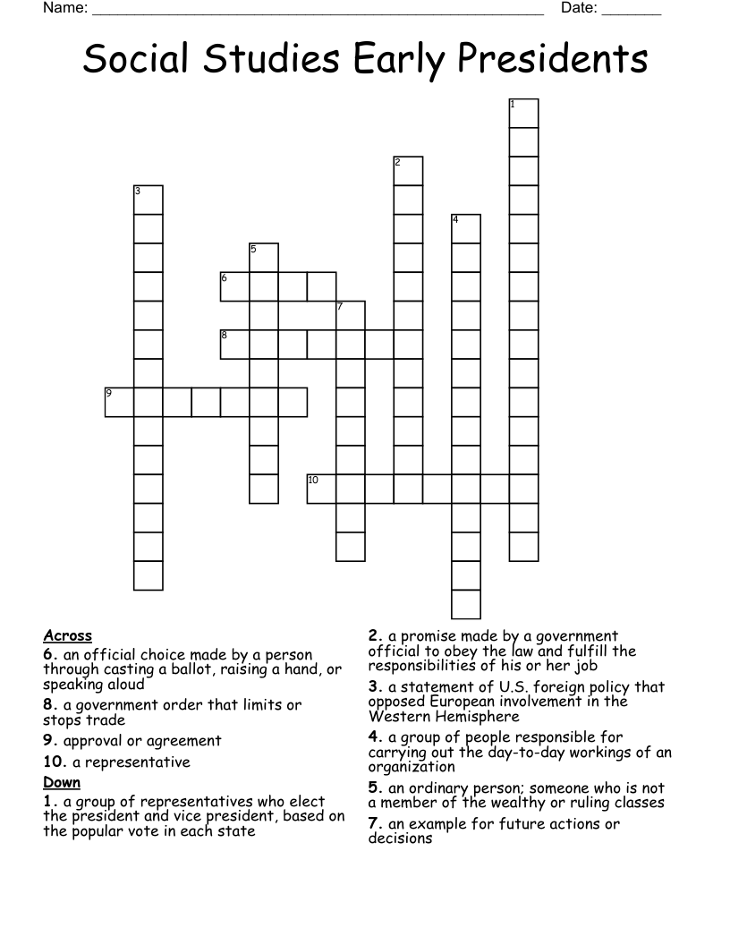 Social Studies Early Presidents  Crossword