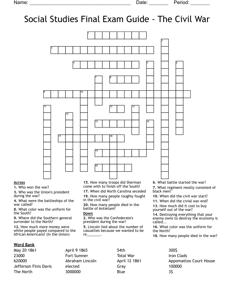 Social Studies Final Exam Guide - The Civil War Crossword