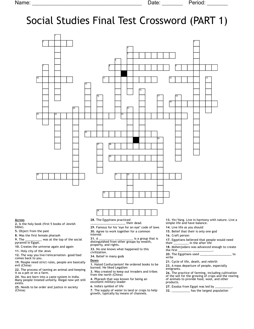 Social Studies Final Test Crossword (PART 1)