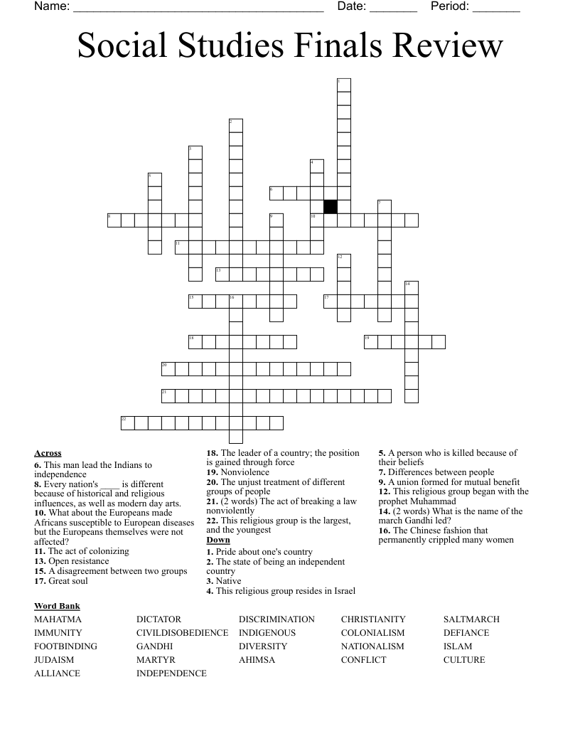 Social Studies Finals Review Crossword